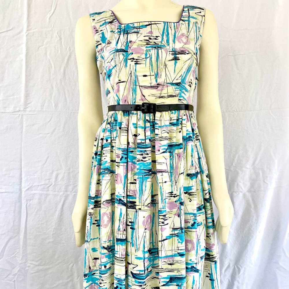 Vintage 1940s Handmade Purple Teal and Black Dress with Black Belt